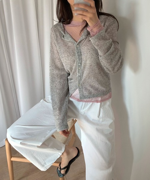 HEILIS(ヘイリス)の「ダブル釦シアーカーディガントップス / リネン混 長袖 ショート丈 オフィスカジュアル 紫外線対策 日焼け対策 冷房対策 グレー アイボリー ブラック 秋服 夏服 韓国 シアー(カーディガン/ボレロ・レディース・オフホワイト/グレー/ブラック・FREE)」の16枚目の写真