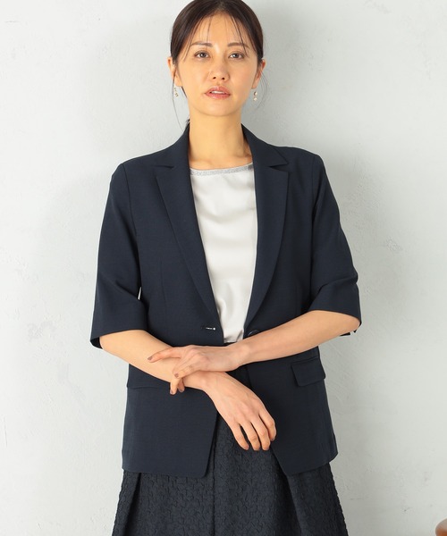 GALLORIA(ギャローリア)の「麻調五分袖テーラージャケット(テーラードジャケット・レディース・ライトベージュ/ネイビー・LL/S/M/L)」の1枚目の写真