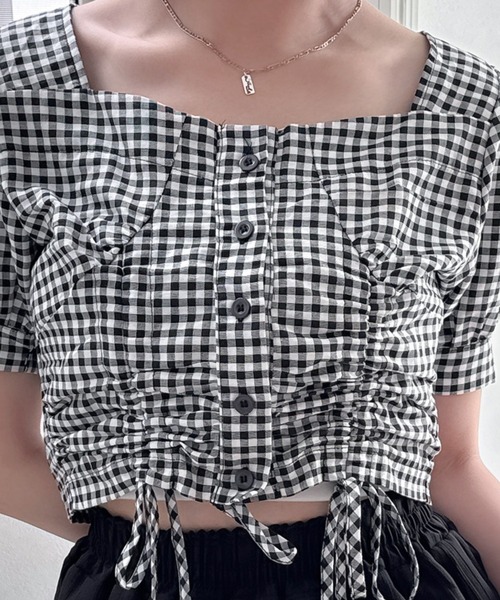 Mejoul（メジュール）の「ギンガムチェック ドロスト リボン ギャザー スクエアネック パフスリーブ ブラウス トップス（シャツ/ブラウス・レディース・ブラック・M/L）」の22枚目の写真
