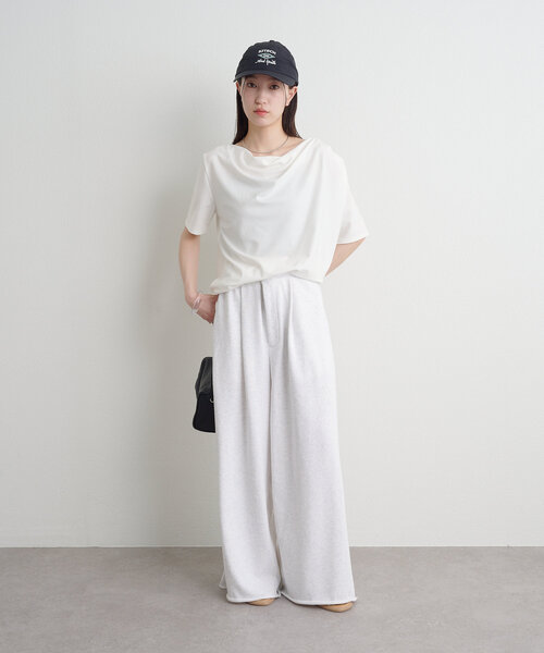 Omekashi ボートネックドレープ半袖Ｔシャツ　チャコールグレー 新色追加/ライトグレー・チャコールグレー】ボートネック