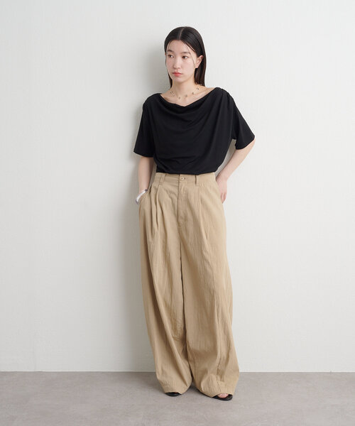 Omekashi ボートネックドレープ半袖Ｔシャツ　チャコールグレー 新色追加/ライトグレー・チャコールグレー】ボートネック