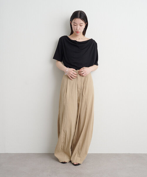 Omekashi ボートネックドレープ半袖Ｔシャツ　ライトグレー セール】ボートネックドレープ半袖Tシャツ（Tシャツ/カットソー