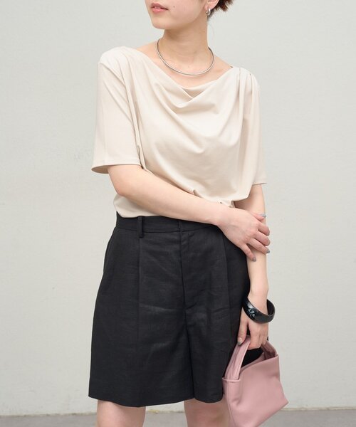 Omekashi ボートネックドレープ半袖Ｔシャツ　ライトグレー セール】ボートネックドレープ半袖Tシャツ（Tシャツ/カットソー