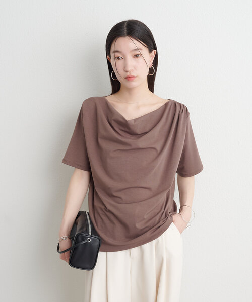 Omekashi ボートネックドレープ半袖Ｔシャツ　チャコールグレー 新色追加/ライトグレー・チャコールグレー】ボートネック