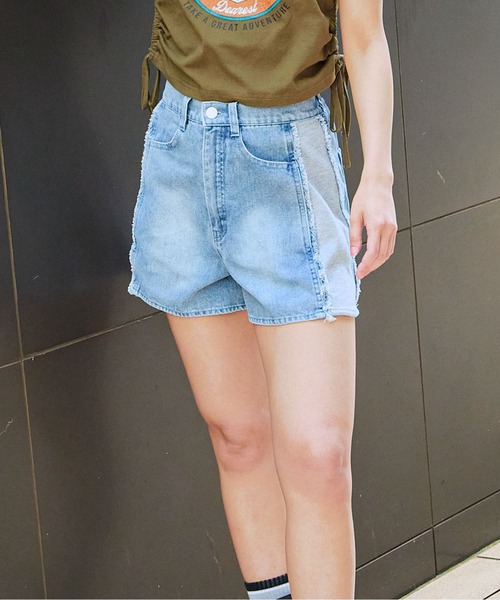 GORGE(ゴージ)の「《裏毛×切替デザイン》レディース デニムショートパンツ ハイウエスト 春夏秋(その他パンツ・レディース・ブルー/ブラック・F)」の2枚目の写真