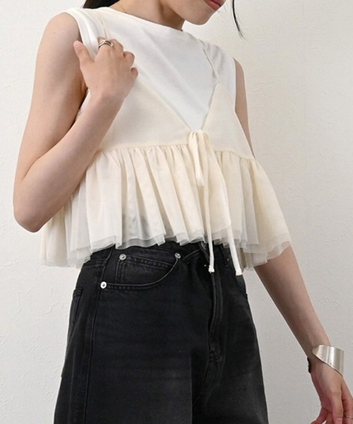 STYLEBLOCK（スタイルブロック）の「チュールペプラムビスチェ（シャツ/ブラウス・レディース・アイボリー/ブラック/グレー・M）」の7枚目の写真