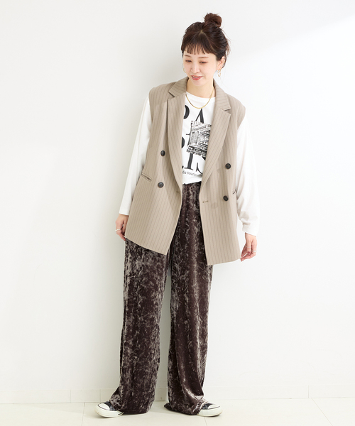 liten 柄ベロアパンツ　beige×black 新品未使用 forksy.】ベロアイージーセミフレアパンツ/花柄・無地 forksy