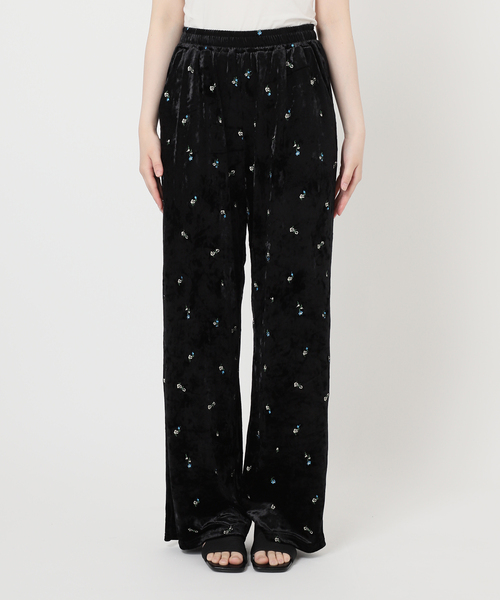 liten 柄ベロアパンツ　beige×black 新品未使用 forksy.】ベロアイージーセミフレアパンツ/花柄・無地 forksy