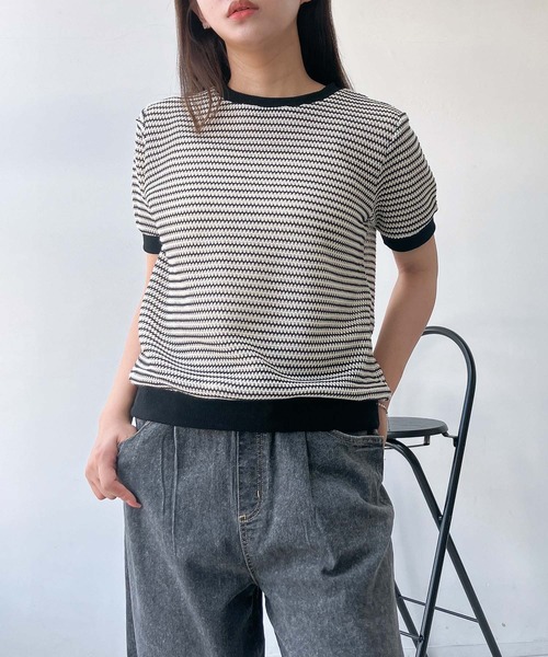 AS KNOW AS plus(アズノゥアズプラス)の「●リブとアソートデザイン半袖プルオーバー(レース・ギンガムチェック・ボーダー)(Tシャツ/カットソー・レディース・アイボリー系/アイボリー系1/ブルー系/ブラウン系/アイボリー系2・FREE)」の4枚目の写真