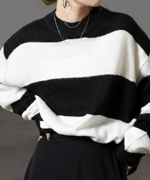 RE730（アールイーセブンサーティー）の「RE730 モヘアタッチクルーネックニット ボーダー（ニット/セーター・メンズ・チャコールグレー×ブラック/ホワイト×グレー/ブラック×グリーン/ホワイト×ブラック・M/L/XL）」の2枚目の写真
