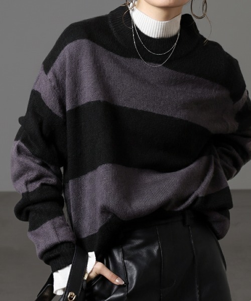 RE730（アールイーセブンサーティー）の「RE730 モヘアタッチクルーネックニット ボーダー（ニット/セーター・メンズ・チャコールグレー×ブラック/ホワイト×グレー/ブラック×グリーン/ホワイト×ブラック・M/L/XL）」の4枚目の写真