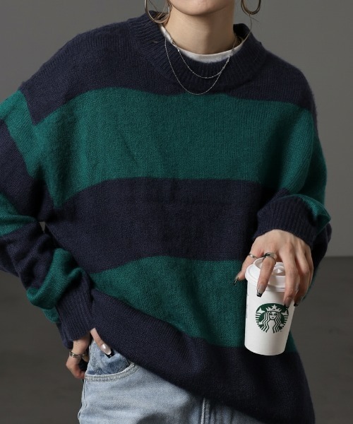 RE730（アールイーセブンサーティー）の「RE730 モヘアタッチクルーネックニット ボーダー（ニット/セーター・メンズ・チャコールグレー×ブラック/ホワイト×グレー/ブラック×グリーン/ホワイト×ブラック・M/L/XL）」の3枚目の写真