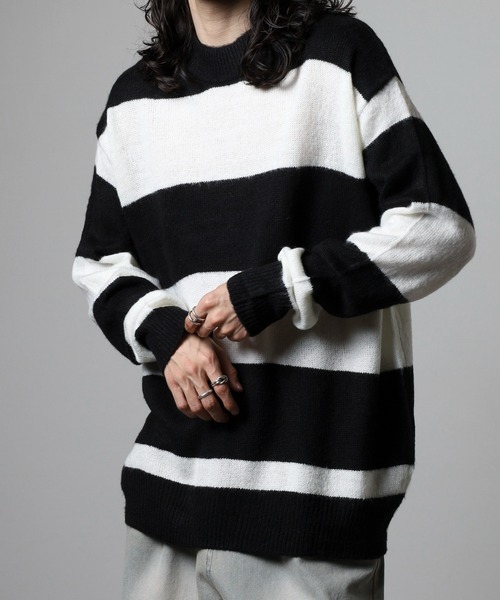 RE730（アールイーセブンサーティー）の「RE730 モヘアタッチクルーネックニット ボーダー（ニット/セーター・メンズ・チャコールグレー×ブラック/ホワイト×グレー/ブラック×グリーン/ホワイト×ブラック・M/L/XL）」の6枚目の写真