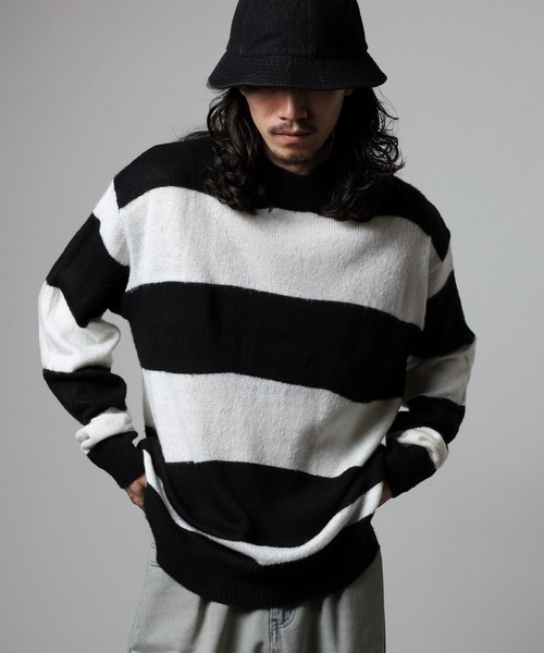 RE730（アールイーセブンサーティー）の「RE730 モヘアタッチクルーネックニット ボーダー（ニット/セーター・メンズ・チャコールグレー×ブラック/ホワイト×グレー/ブラック×グリーン/ホワイト×ブラック・M/L/XL）」の5枚目の写真