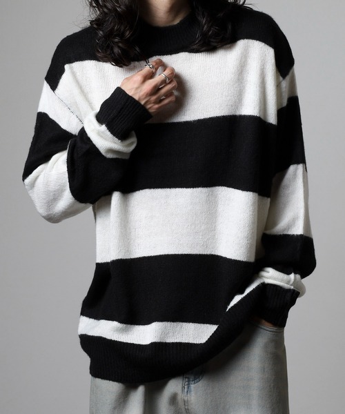 RE730（アールイーセブンサーティー）の「RE730 モヘアタッチクルーネックニット ボーダー（ニット/セーター・メンズ・チャコールグレー×ブラック/ホワイト×グレー/ブラック×グリーン/ホワイト×ブラック・M/L/XL）」の7枚目の写真