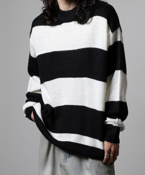 RE730（アールイーセブンサーティー）の「RE730 モヘアタッチクルーネックニット ボーダー（ニット/セーター・メンズ・チャコールグレー×ブラック/ホワイト×グレー/ブラック×グリーン/ホワイト×ブラック・M/L/XL）」の8枚目の写真