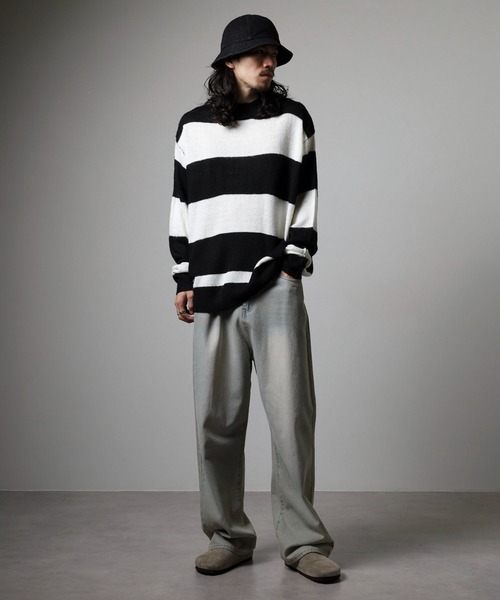 RE730（アールイーセブンサーティー）の「RE730 モヘアタッチクルーネックニット ボーダー（ニット/セーター・メンズ・チャコールグレー×ブラック/ホワイト×グレー/ブラック×グリーン/ホワイト×ブラック・M/L/XL）」の9枚目の写真