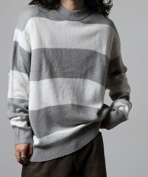 RE730（アールイーセブンサーティー）の「RE730 モヘアタッチクルーネックニット ボーダー（ニット/セーター・メンズ・チャコールグレー×ブラック/ホワイト×グレー/ブラック×グリーン/ホワイト×ブラック・M/L/XL）」の12枚目の写真