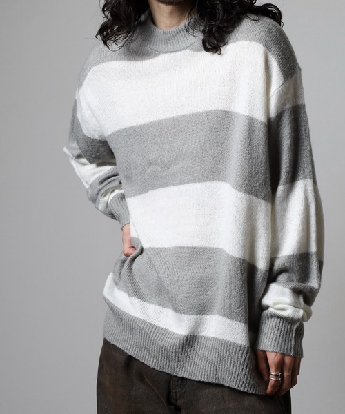 RE730（アールイーセブンサーティー）の「RE730 モヘアタッチクルーネックニット ボーダー（ニット/セーター・メンズ・チャコールグレー×ブラック/ホワイト×グレー/ブラック×グリーン/ホワイト×ブラック・M/L/XL）」の11枚目の写真