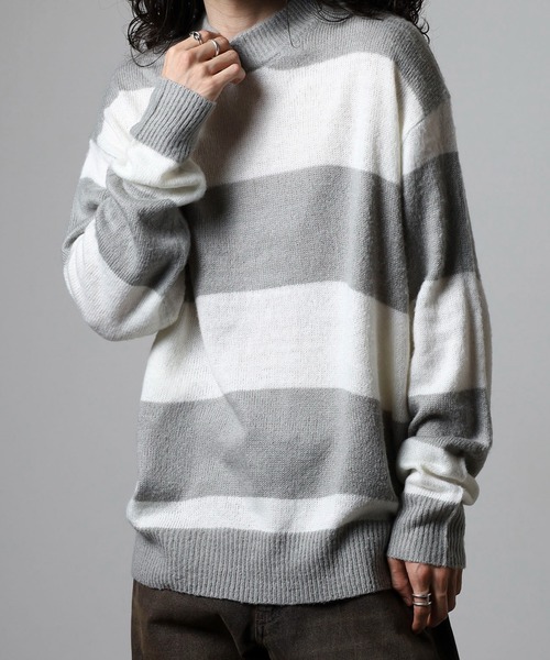 RE730（アールイーセブンサーティー）の「RE730 モヘアタッチクルーネックニット ボーダー（ニット/セーター・メンズ・チャコールグレー×ブラック/ホワイト×グレー/ブラック×グリーン/ホワイト×ブラック・M/L/XL）」の10枚目の写真