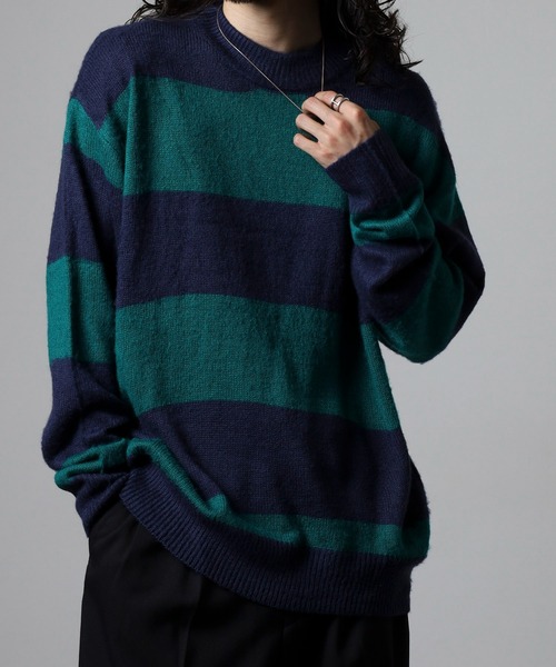 RE730（アールイーセブンサーティー）の「RE730 モヘアタッチクルーネックニット ボーダー（ニット/セーター・メンズ・チャコールグレー×ブラック/ホワイト×グレー/ブラック×グリーン/ホワイト×ブラック・M/L/XL）」の14枚目の写真