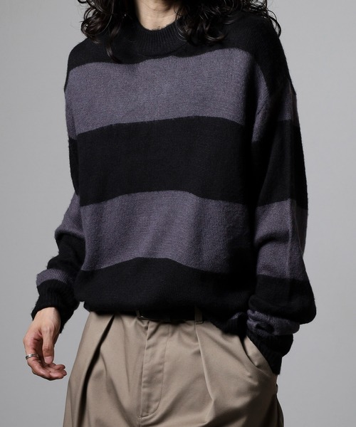 RE730（アールイーセブンサーティー）の「RE730 モヘアタッチクルーネックニット ボーダー（ニット/セーター・メンズ・チャコールグレー×ブラック/ホワイト×グレー/ブラック×グリーン/ホワイト×ブラック・M/L/XL）」の19枚目の写真