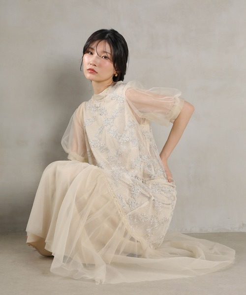 Kana(カナ)の「刺繍レース チュール Aライン ティアード ワンピース ドレス パーティー 結婚式 お呼ばれ オケージョンドレス(ドレス・レディース・オフホワイト/ブルー/ブラック・M)」の1枚目の写真