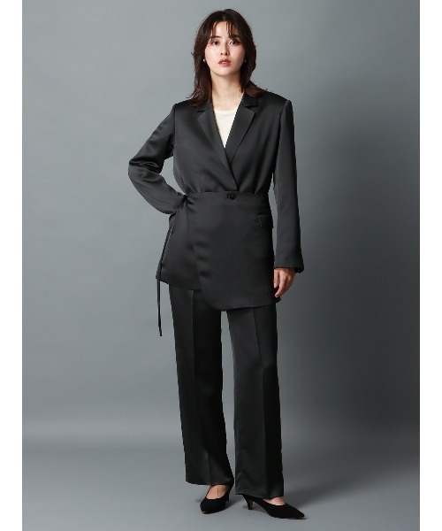 黒 サテン風 テーラードジャケット CIS． サテンジャケット＆ラップ風コルセット ハンドウォッシュ 無地