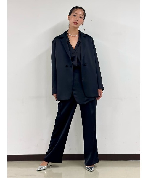 黒 サテン風 テーラードジャケット CIS． サテンジャケット＆ラップ風コルセット ハンドウォッシュ 無地