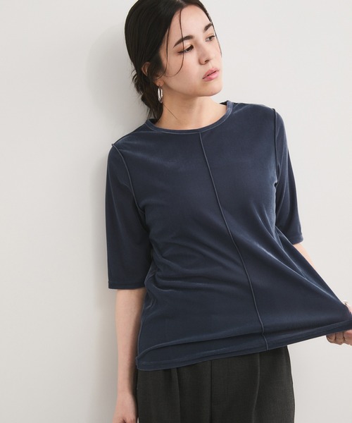 le cercle ADAM ET ROPE'(ルセルクルアダムエロペ)の「シアーベロア5分袖Tシャツ(Tシャツ/カットソー・レディース・ダークブラウン/キャメル/ブルー/ブラック・FREE)」の1枚目の写真