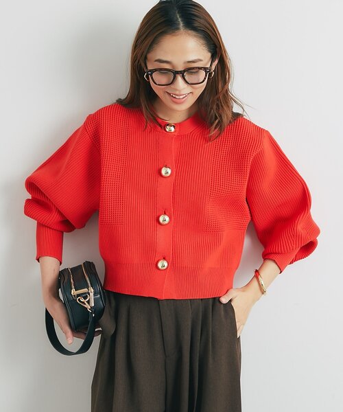 un dix cors(アンディコール)の「《オンオフ活躍》ビッグ釦柄切替バルーンカーディガン(ニット/セーター・レディース・オレンジ/アイボリー/ブラック・FREE)」の3枚目の写真