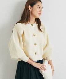 《オンオフ活躍》ビッグ釦柄切替バルーンカーディガン