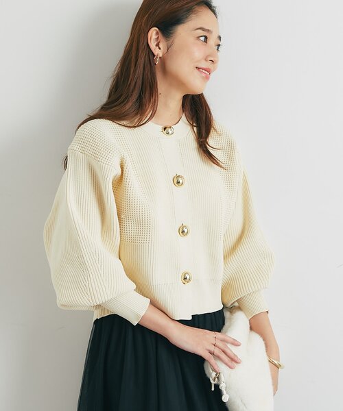 un dix cors(アンディコール)の「《オンオフ活躍》ビッグ釦柄切替バルーンカーディガン(ニット/セーター・レディース・オレンジ/アイボリー/ブラック・FREE)」の1枚目の写真