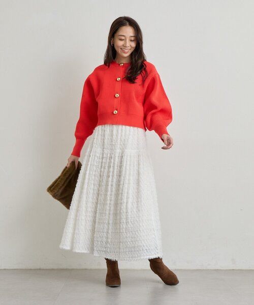 un dix cors(アンディコール)の「《オンオフ活躍》ビッグ釦柄切替バルーンカーディガン(ニット/セーター・レディース・オレンジ/アイボリー/ブラック・FREE)」の6枚目の写真