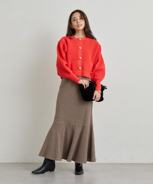 un dix cors(アンディコール)の「《オンオフ活躍》ビッグ釦柄切替バルーンカーディガン(ニット/セーター・レディース・オレンジ/アイボリー/ブラック・FREE)」の5枚目の写真