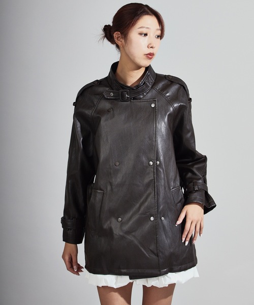 charles chaton フェイクレザーコート Chick（チック）の「Faux Leather Double-Breasted Trench Coat