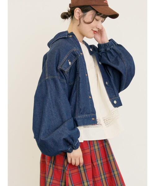 Samansa Mos2（サマンサ モスモス）の「デニム/スエードアソートジャケット（ノーカラージャケット・レディース・ネイビー/キャメル/ブルー・F）」の2枚目の写真