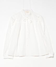 襟リボン ギャザーフリルシャツブラウス