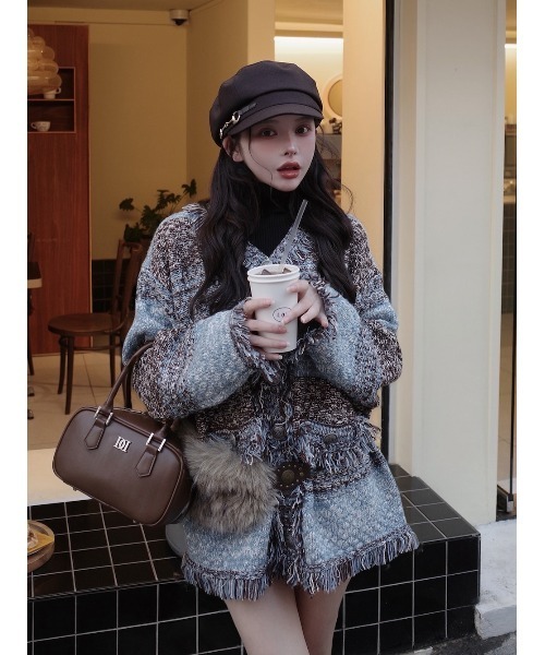 【新品】ツイードボーダーニットカーディガン　ダーリッチ　Darich ツイードボーダーニットカーディガン（カーディガン/ボレロ