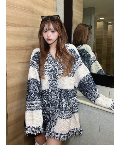 新品未開封ダーリッチ darich ツイードボーダーニットカーディガン ツイードボーダーニットカーディガン（カーディガン/ボレロ