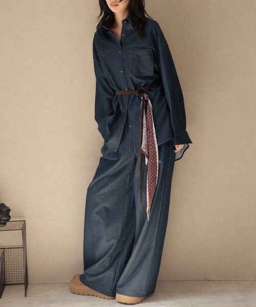 Ulysses（ユリシス）の「【セットアップ】オーバーシャツジャケット＆ワイドパンツwithベルトスカーフ（セットアップ・レディース・ネイビー/ブラウン・F）」の2枚目の写真