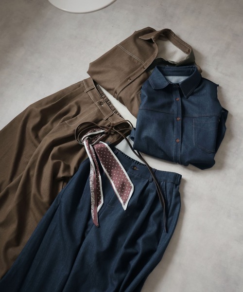 Ulysses（ユリシス）の「【セットアップ】オーバーシャツジャケット＆ワイドパンツwithベルトスカーフ（セットアップ・レディース・ネイビー/ブラウン・F）」の5枚目の写真