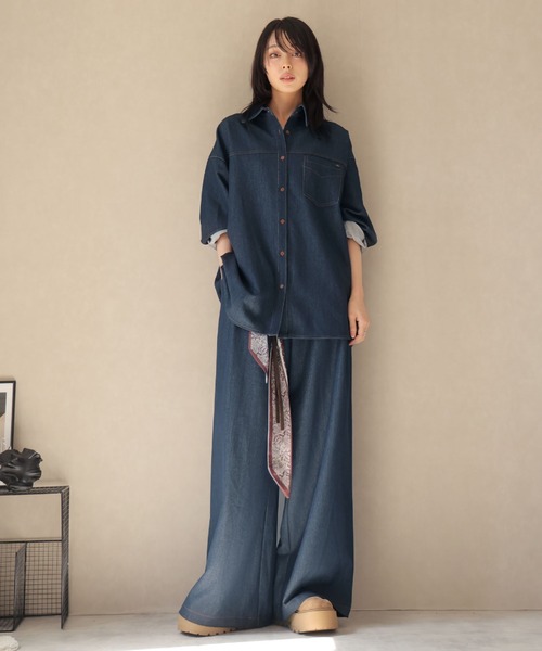 Ulysses（ユリシス）の「【セットアップ】オーバーシャツジャケット＆ワイドパンツwithベルトスカーフ（セットアップ・レディース・ネイビー/ブラウン・F）」の3枚目の写真