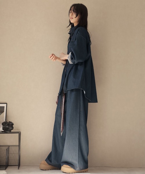 Ulysses（ユリシス）の「【セットアップ】オーバーシャツジャケット＆ワイドパンツwithベルトスカーフ（セットアップ・レディース・ネイビー/ブラウン・F）」の10枚目の写真