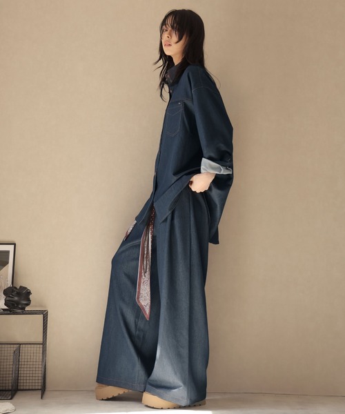 Ulysses（ユリシス）の「【セットアップ】オーバーシャツジャケット＆ワイドパンツwithベルトスカーフ（セットアップ・レディース・ネイビー/ブラウン・F）」の11枚目の写真