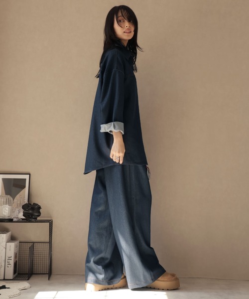 Ulysses（ユリシス）の「【セットアップ】オーバーシャツジャケット＆ワイドパンツwithベルトスカーフ（セットアップ・レディース・ネイビー/ブラウン・F）」の14枚目の写真