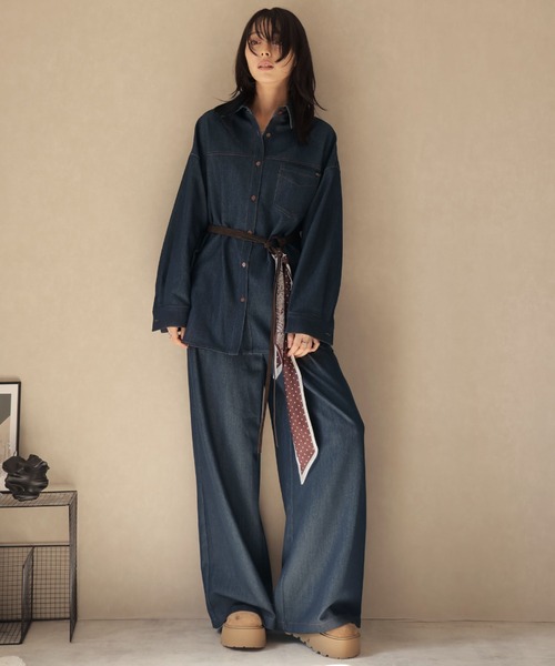 Ulysses（ユリシス）の「【セットアップ】オーバーシャツジャケット＆ワイドパンツwithベルトスカーフ（セットアップ・レディース・ネイビー/ブラウン・F）」の17枚目の写真