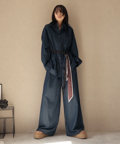 Ulysses（ユリシス）の「【セットアップ】オーバーシャツジャケット＆ワイドパンツwithベルトスカーフ（セットアップ・レディース・ネイビー/ブラウン・F）」の18枚目の写真