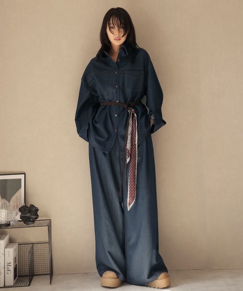 Ulysses（ユリシス）の「【セットアップ】オーバーシャツジャケット＆ワイドパンツwithベルトスカーフ（セットアップ・レディース・ネイビー/ブラウン・F）」の19枚目の写真