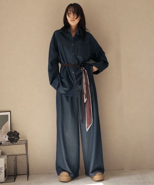 Ulysses（ユリシス）の「【セットアップ】オーバーシャツジャケット＆ワイドパンツwithベルトスカーフ（セットアップ・レディース・ネイビー/ブラウン・F）」の20枚目の写真
